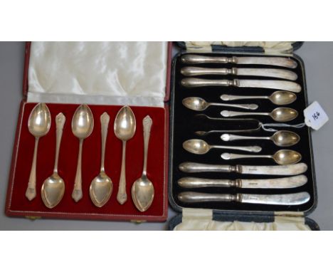 A cased set of six silver coffee spoons & tea knives, H/M Sheffield 1927 together with a cased set of six silver tea spoons H