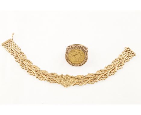 A modern 9ct H/M gate style bracelet, approx 14gms together with a half-sovereign ring dated 1914 in a 9ct H/M mount & approx