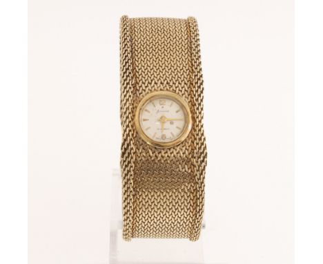 A 1970's ladies 9ct ACCURIST wristwatch with working manual-wind movement & damaged mesh-style bracelet, gross wgt 35gms