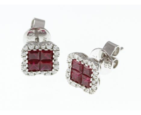 A pair of ruby and diamond square set earrings, approx total diamond weight 0.50ct, butterflys marked 750 only