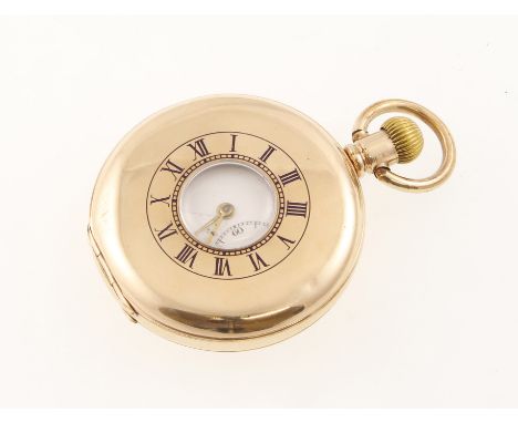 A ROLEX half-hunter gold [plated pocket watch, Dennison case & working signed movement, damaged enamel dial 