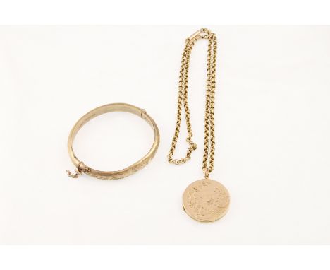 POLICE > A childs size 9ct H/M hinged bangle together with an Edwardian chain marked 9ct & attached locket marked 9ct Front/B