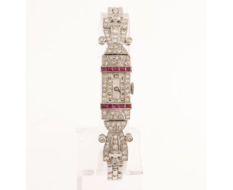 An Art Deco diamond and sythentic ruby set cocktail watch, the case marked 'ALL PLAT' with later fitted 9ct white gold bracel