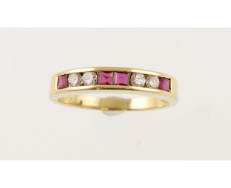 A ruby and diamond half eternity ring stamped 18ct, size M, approx weight 3.5gms  [VAT included in hammer price on this lot -