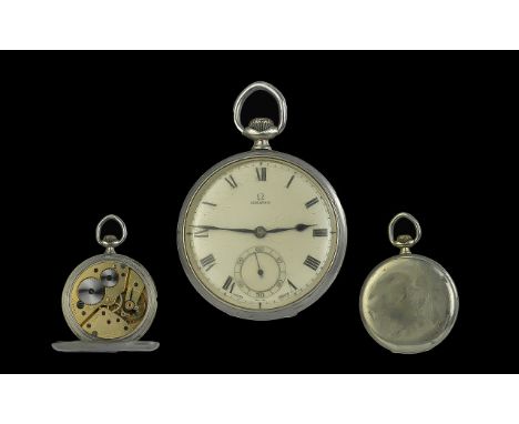 An Omega Pocket Watch, white enamel dial with Roman numerals and subsidiary seconds, dial marked Omega.  48 mm chrome plated 