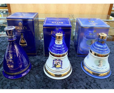 Three Bells Whisky Decanters with Contents, commemorating the Golden Wedding of Queen Elizabeth &amp; the Duke of Edinburgh 1