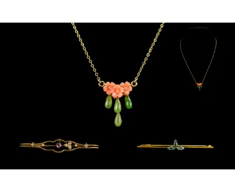 Small Mixed Lot to include two 9ct gold stick pins and a coral floral brooch suspended on a fine link chain. 