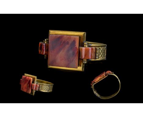 Fabon FSE Paris French Art Deco Period Superb Gold on Silver Hinged Bangle, Set with Square Shaped Agate. c.1920's. Marked Fa