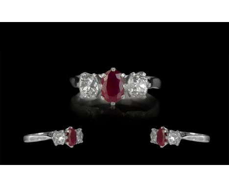 Platinum Diamond And Ruby Ring, Three Stone Ring With Central Ruby Set Between Two Old Cut Diamonds, Estimated Total Diamond 