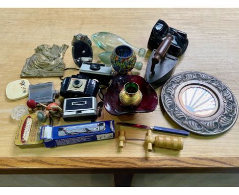 Box of Collectibles, including an antique iron, a pewter Arts &amp; Crafts mirror, a small mirror, a small vase, glass bottle