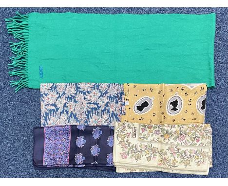 Collection of Five Vintage Scarves, comprising Liberty Regency design silk with cameo silhouettes, flower patter, 21.5 cm x 2