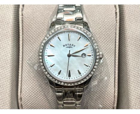 Ladies Rotary Wrist Watch, as new in fitted box with papers, stainless steel bracelet, white face with silver batons and date