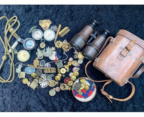 A Mixed Military Lot, to include cap badges, marching compass named F Barker &amp; Sons dated 1939, whistle, buttons, bullet,