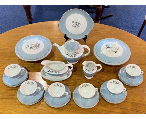 A Royal Doulton Rose Elegans Part Tea Set to include, 2 soup bowls/lids, 1 gravy boat/saucer, 1 sandwich plate, 1 milk jug, 6