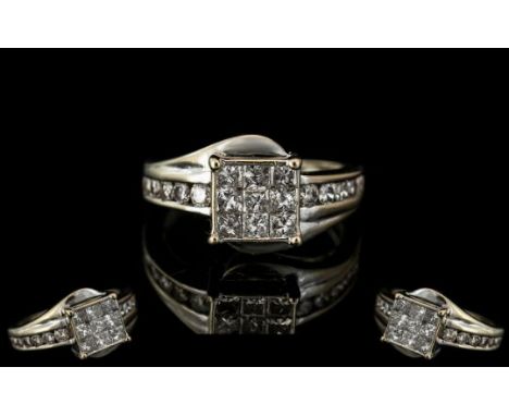 Ladies 18ct White Gold Attractive Diamond Set Dress Ring. The Diamonds Extend Down the Shoulder, Full Hallmark for 750 to Sha