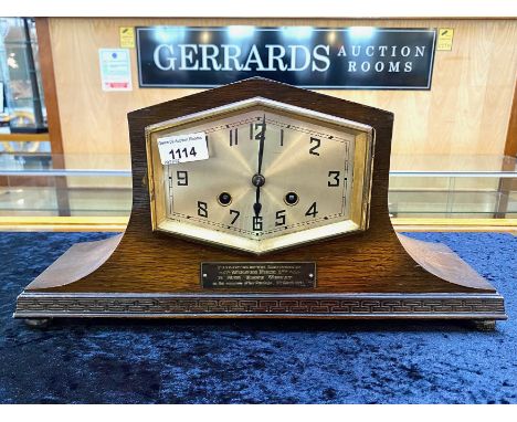 Art Deco Mantle Clock, silvered face, plaque to front dated 5th March 1931, presented to Miss Elsie Wright in celebration of 