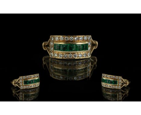 18ct Gold Good Quality Emerald and Diamond Set Dress Ring fully hallmarked to interior of shank. The princes cut square emera