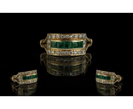 18ct Gold Good Quality Emerald and Diamond Set Dress Ring fully hallmarked to interior of shank. The princes cut square emera