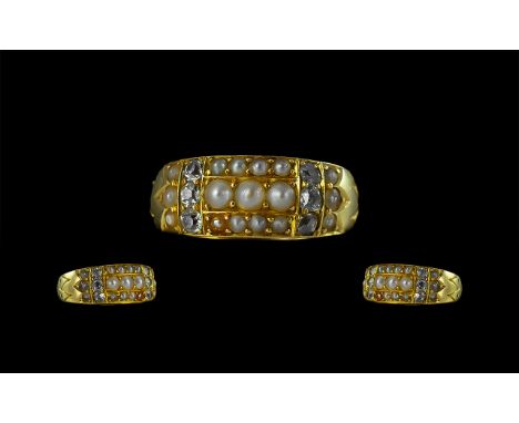 Antique Period Attractive &amp; Superb 18ct Gold Diamond &amp; Seed Pearl Set Ring, full hallmark to interior of shank.  Exce