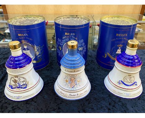 Three Bells Scotch Whisky Decanters with Contents, commemorating the birth of Princess Beatrice 1988, Princess Eugenie 1990, 