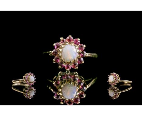 Ladies 9ct Gold - Attractive Garnet and Opal Set Cluster Ring, Flower head Design, Full Hallmark to Interior of Shank, Opal o