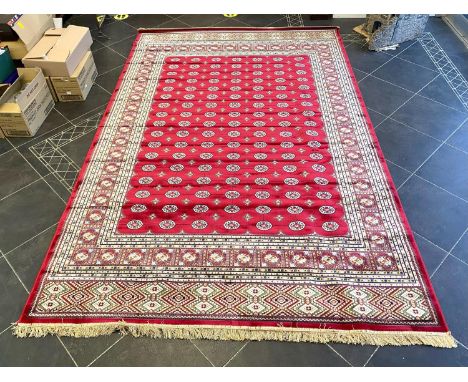 Rich Red Ground Full Pile Kashmir Carpet, all over Bokhara design.  Measures 2 m x 3 m.