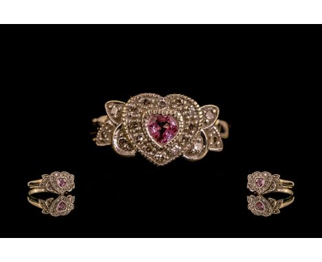 Ladies - Attractive Heart Shaped 9ct Gold Pale Amethyst and Diamond Set Ring. Marked 9ct to Shank. Pleasing Design. Ring Size