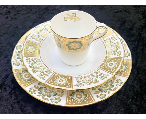 Royal Crown Derby Green Panel Pattern Porcelain. Three pieces in total comprising plate 10 inch in diameter, a soup bowl and 