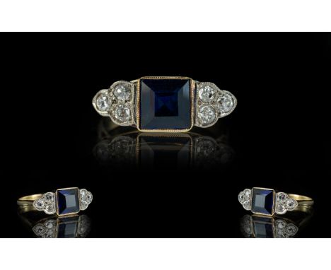 Art Deco Period - 1930's Attractive Sapphire &amp; Diamond Set Dress Ring, of pleasing design.  Marked 18ct to interior of sh