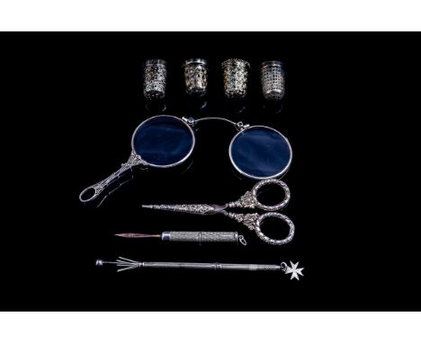 Small Mixed Lot of Silver, to include four thimbles, pair of pinze nez with marcasite handle, toothpick, swizzle stick, pair 