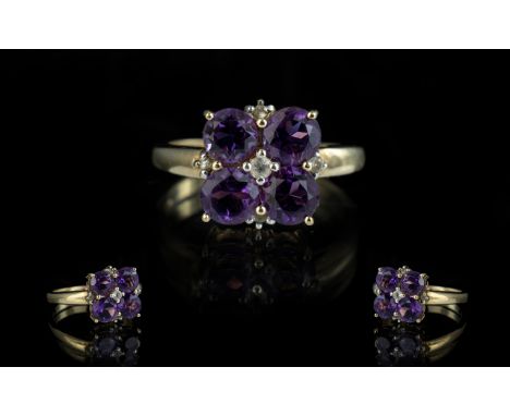 Ladies Attractive 9ct Gold Amethyst &amp; Diamond Set Ring, pleasing design.  Full hallmark to interior of shank.  Amethysts 