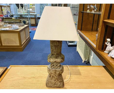 Heavy Stone Based Aztec Style Lamp, with cream shade.  Lamp base approx. 22", overall height 30".