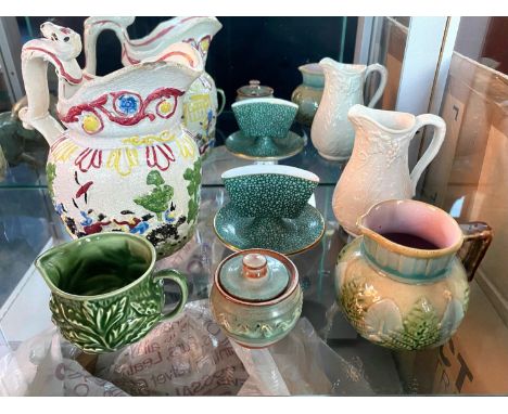 Small Collection of Pottery Items, comprising a hand painted jug 6.5'' tall, with a dog handle, Royal Worcester green dappled