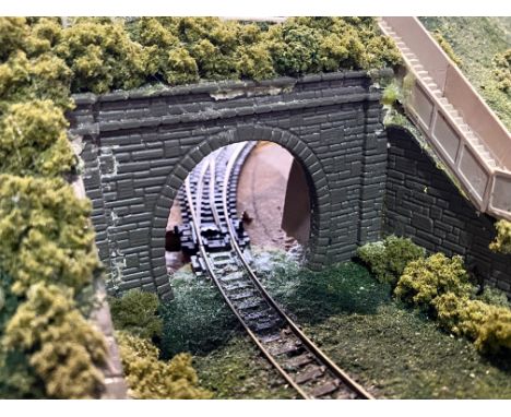 Railway Interest - N Gauge Train Set, Minitrix engine and three coaches, on fitted layout with tunnel, with houses, trees, st