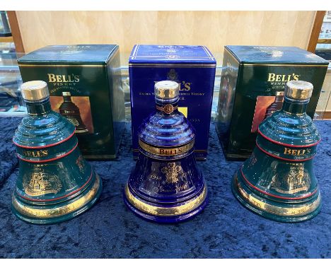 Three Bells Scotch Whisky Decanters with Contents, celebrating Christmas 1992 and Christmas 1993, and the Prince of Wales 50t