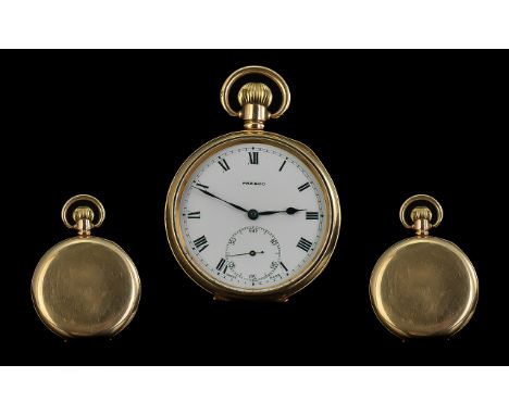 Presco Gold Filled Open Faced Keyless Pocket Watch with White Porcelain Dial. Guaranteed to be of Two Plates of Gold with Com