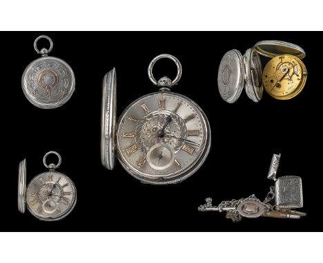 Victorian Period - Superb Quality Sterling Silver Ornate Open Faced Pocket Watch, with ornate silver dial and gold markers at