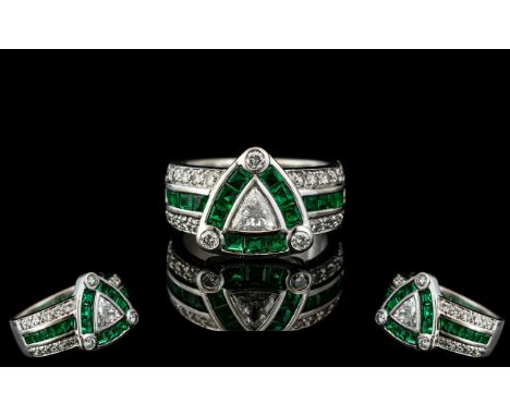 18ct White Gold Contemporary Emerald &amp; Diamond Set Dress Ring, full hallmark for 750 - 18ct to interior of shank. The mod