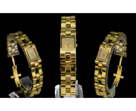 Gucci 23051 Ladies Gold on Steel Bangle Style Wrist Watch, Signed Gucci to Dial and Bracelet. Overall Good Condition. 