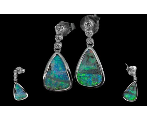 Ladies - 14ct White Gold Designer Pair of Opal Set Earrings. Marked 14ct to Each Earring. The Opals of Good Colour. As New Co