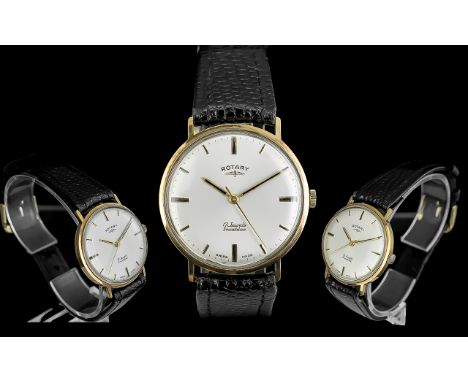 Rotary Gents Mechanical Wind 9ct Gold Cased 17 Jewels Incabloc Wrist Watch, with black calf leather watch strap as new condit