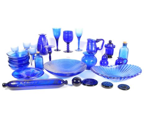 Collection of late 20th century Bristol Blue Glass and others. Examples including a rolling pin, drinking liqueur glasses, sq