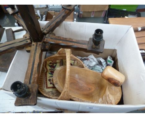 A mixed box to include an olive wood nut bowl with mallet nutcracker, a small wooden jewellery box with bone inlay leaf desig