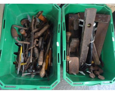 Two boxes of vintage tools, plough planes, pliers, spirit levels