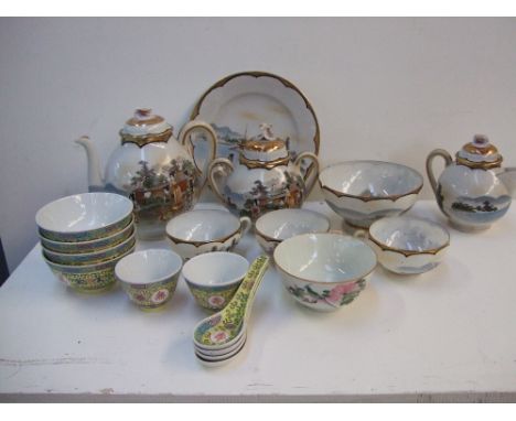 A quantity of hand painted oriental china to include an egg shell porcelain part tea set and Chinese soup bowls and spoons. (