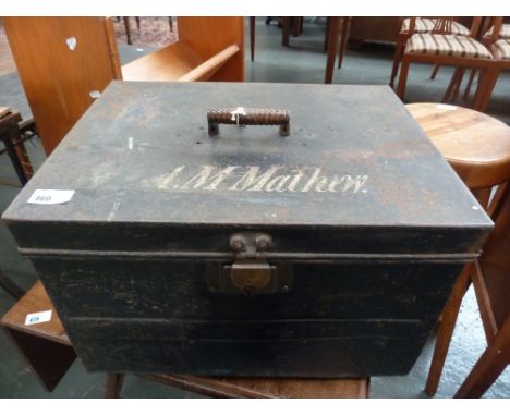 A 19th century tin travelling trunk, with twist handle to top and lettering