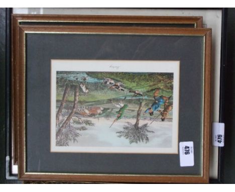 A quantity of hunting and regimental prints to include two H. Alken prints titled 'Tally-O' and 'Full Cry'. (6)