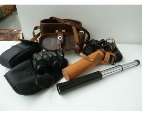 Lumex 30 x 30 telescope in leather carry case; a pair of Minolta 10 x 25 binoculars in carry case; pair of Ross, London STEPR