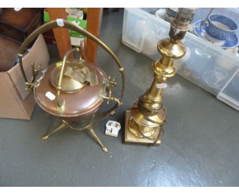 A brass lamp base, turned stem with square base, with a copper kettle on brass stand