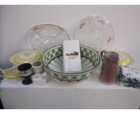 A quantity of china to include a pair of Heatherley wall pocket vases, two Johnson Brothers yellow tureen dishes and lids wit